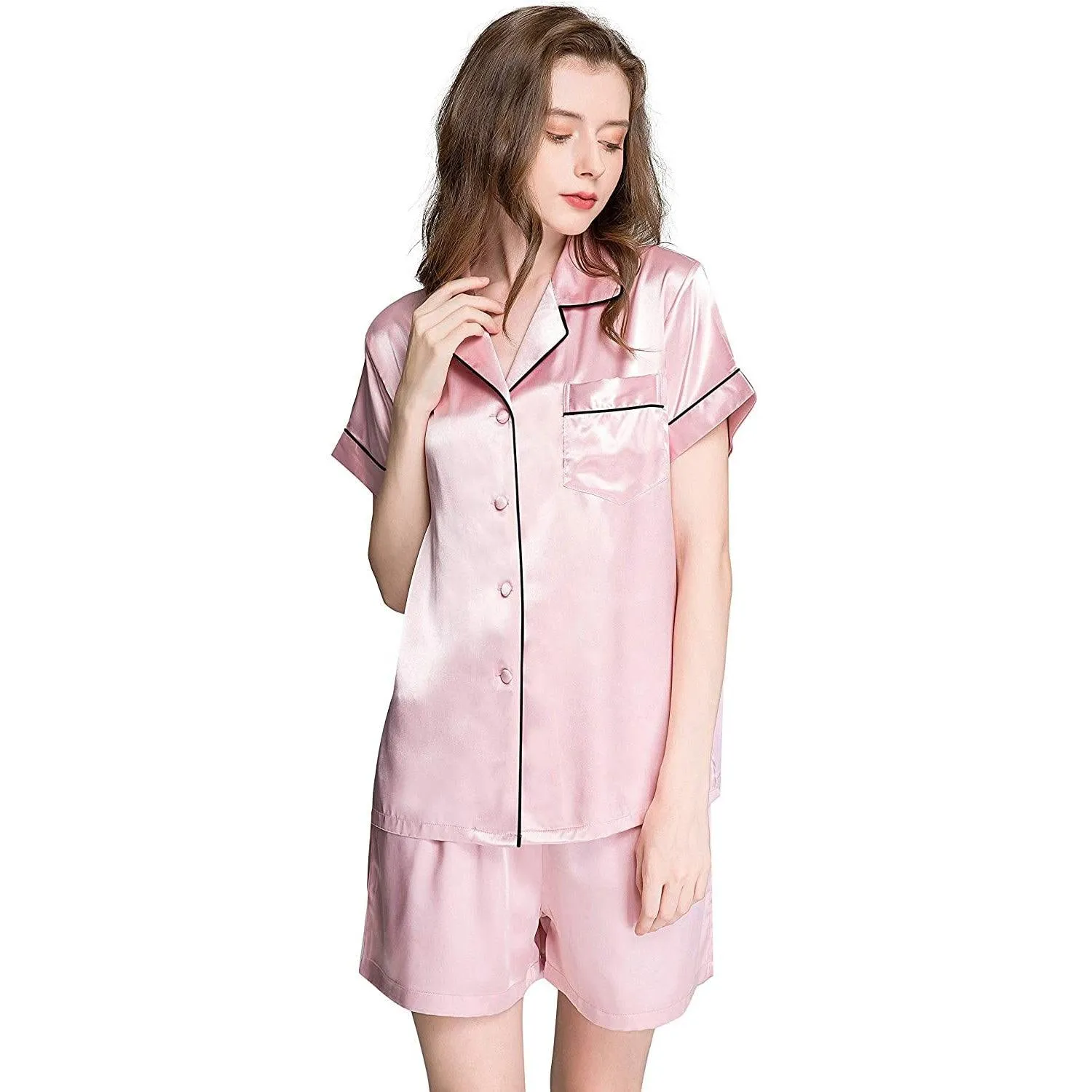 100% Silk Short Sleeve Two-piece Button-Down Women's Silk Pajamas Set