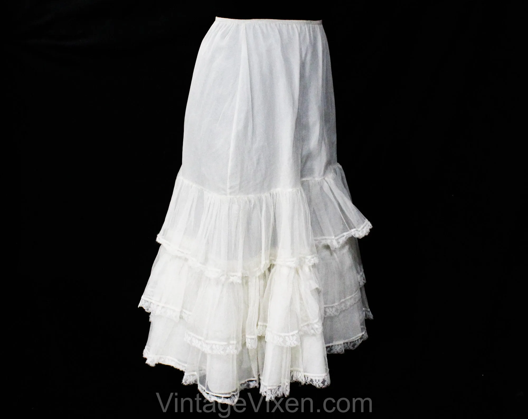 1950s White Petticoat with Sheer Net Flounces - Size 6 to 10 Crinoline - Small Medium CanCan 50s Full Skirt Lingerie Pin-Up - Waist 20 to 28