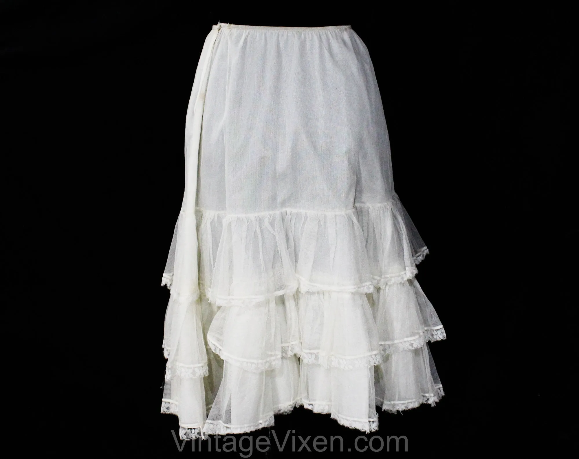 1950s White Petticoat with Sheer Net Flounces - Size 6 to 10 Crinoline - Small Medium CanCan 50s Full Skirt Lingerie Pin-Up - Waist 20 to 28