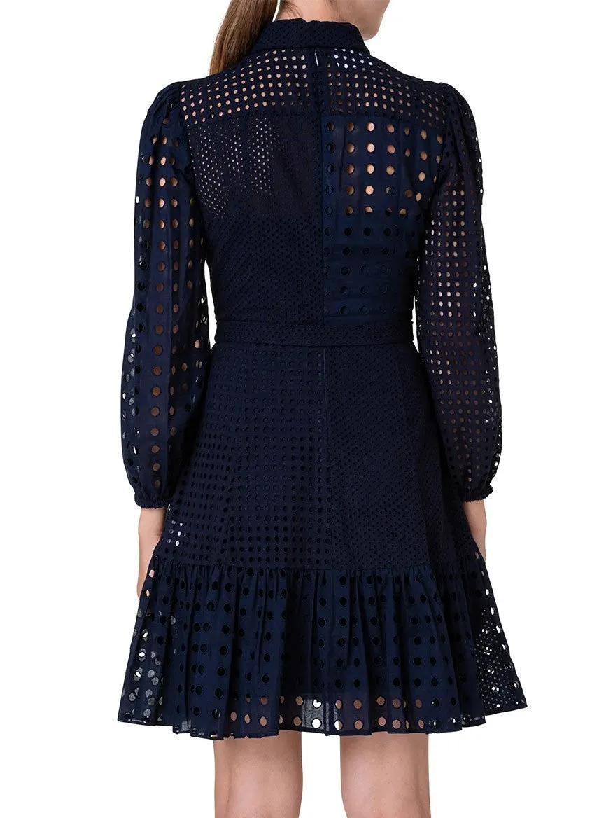 Akris Punto Embroidered Eyelet Patchwork Cotton Shirtdress in Navy