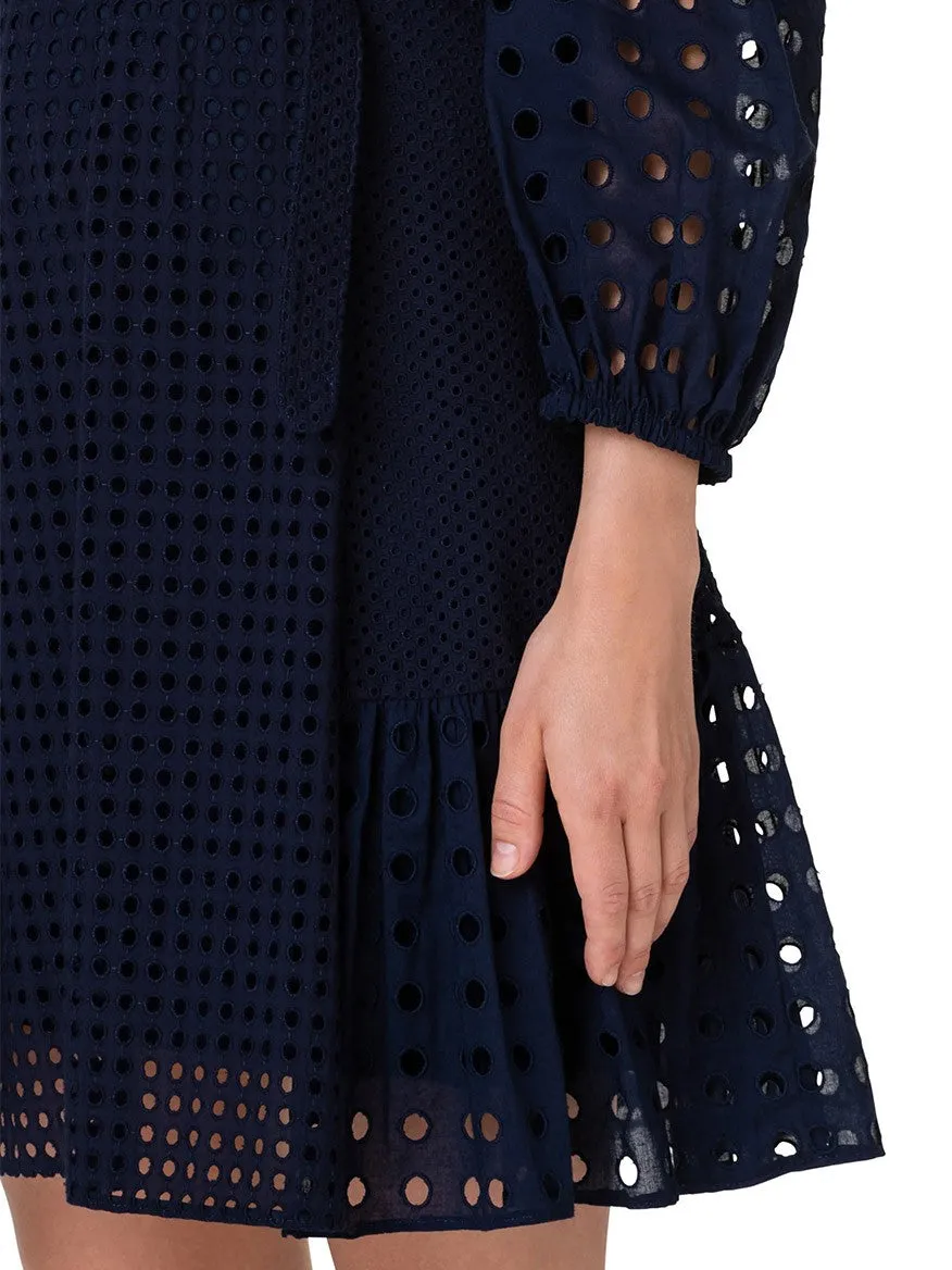 Akris Punto Embroidered Eyelet Patchwork Cotton Shirtdress in Navy