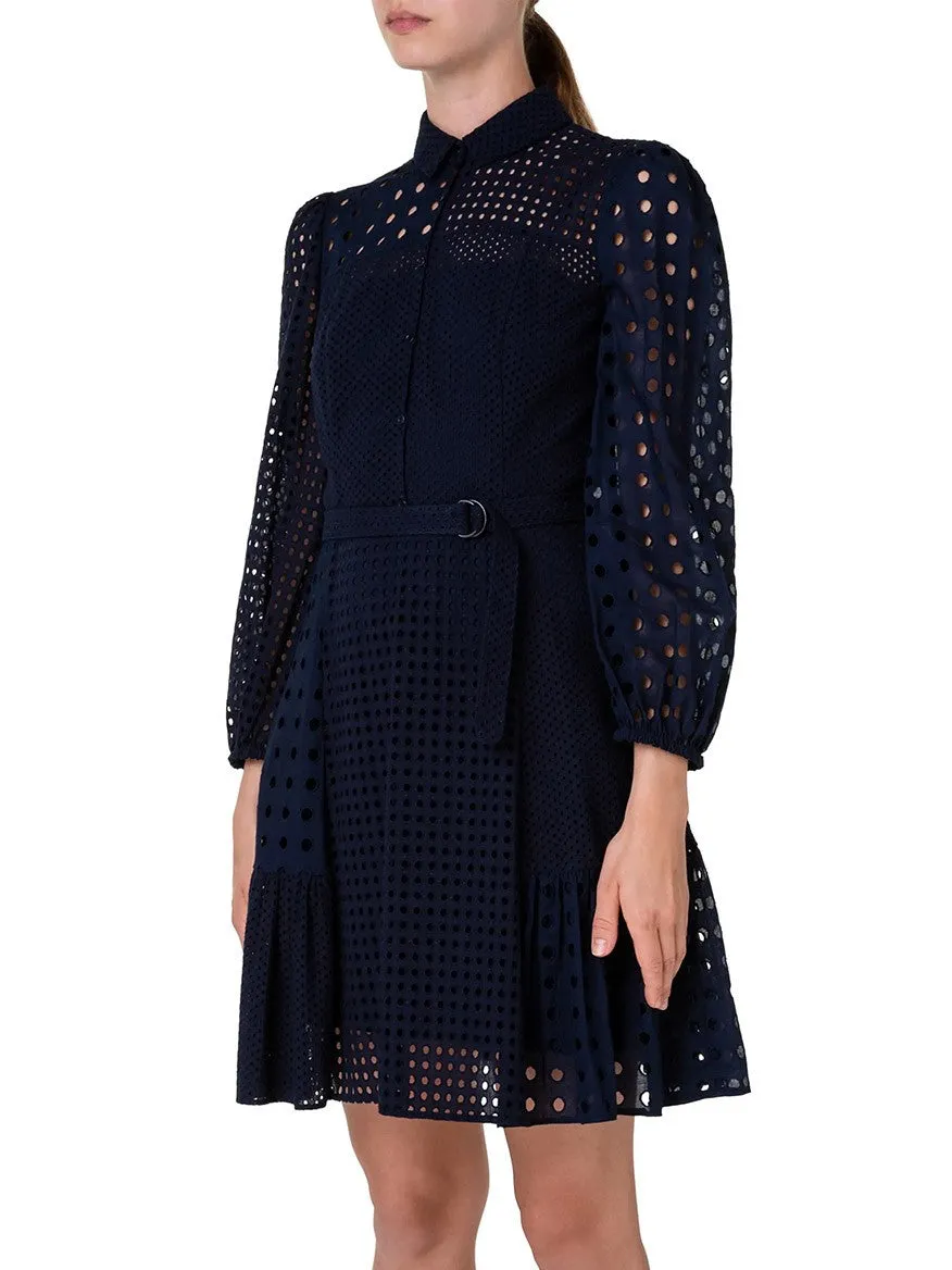 Akris Punto Embroidered Eyelet Patchwork Cotton Shirtdress in Navy