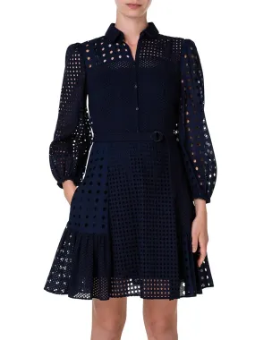 Akris Punto Embroidered Eyelet Patchwork Cotton Shirtdress in Navy