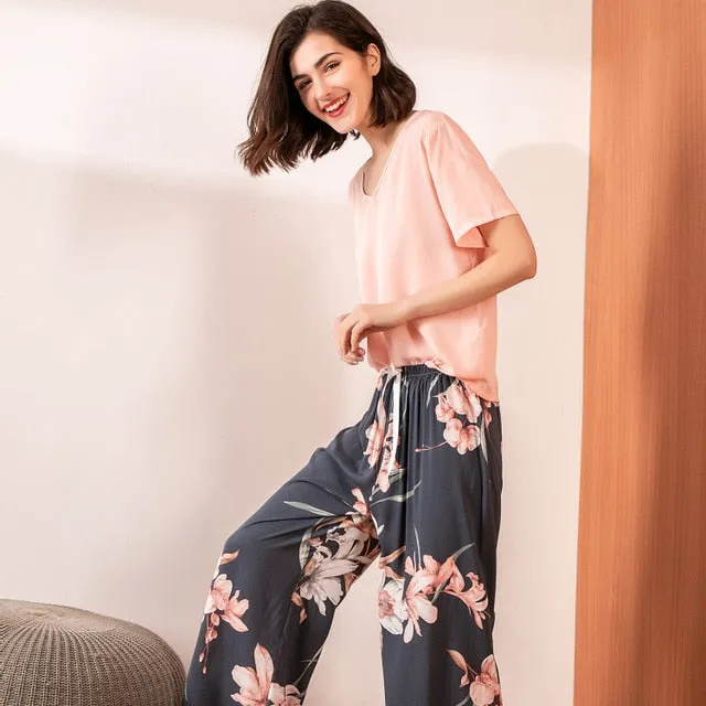 Breathable 2PCS Pajama Short Sleeve Printed Pijama Mujer Femme Loose Nightwear Suit Female Casual Homewear Pajama Set For Women