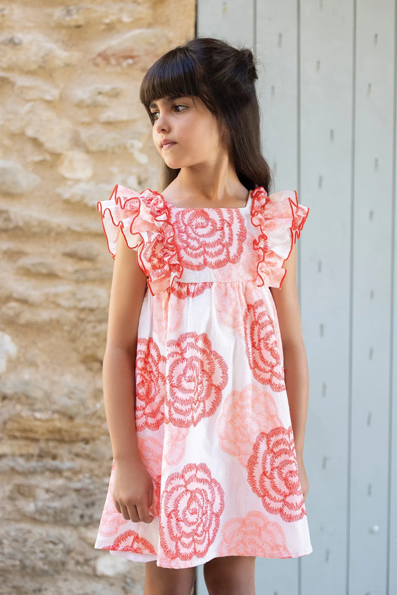 Dress - Pale pink and coral flowery ruffles