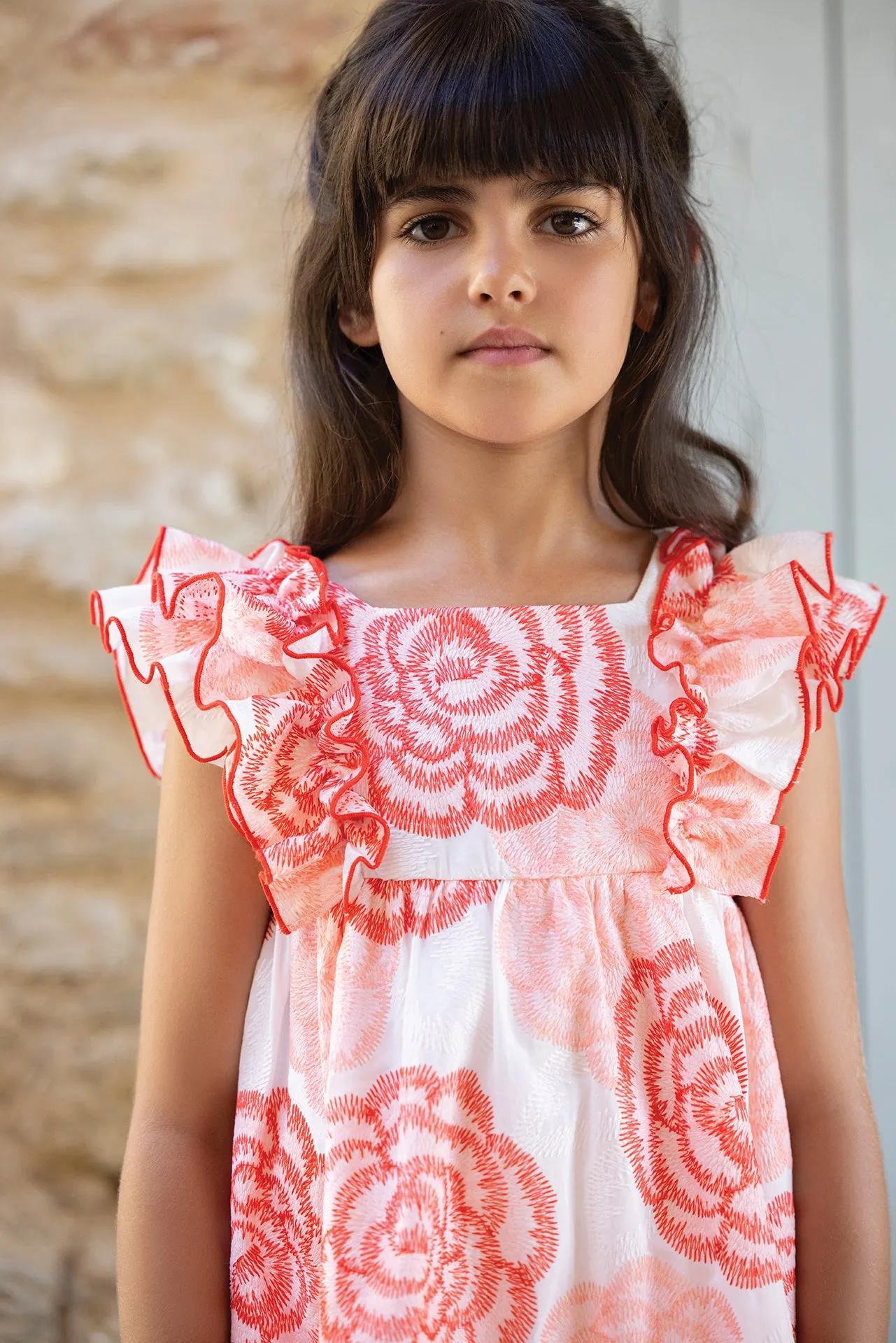 Dress - Pale pink and coral flowery ruffles