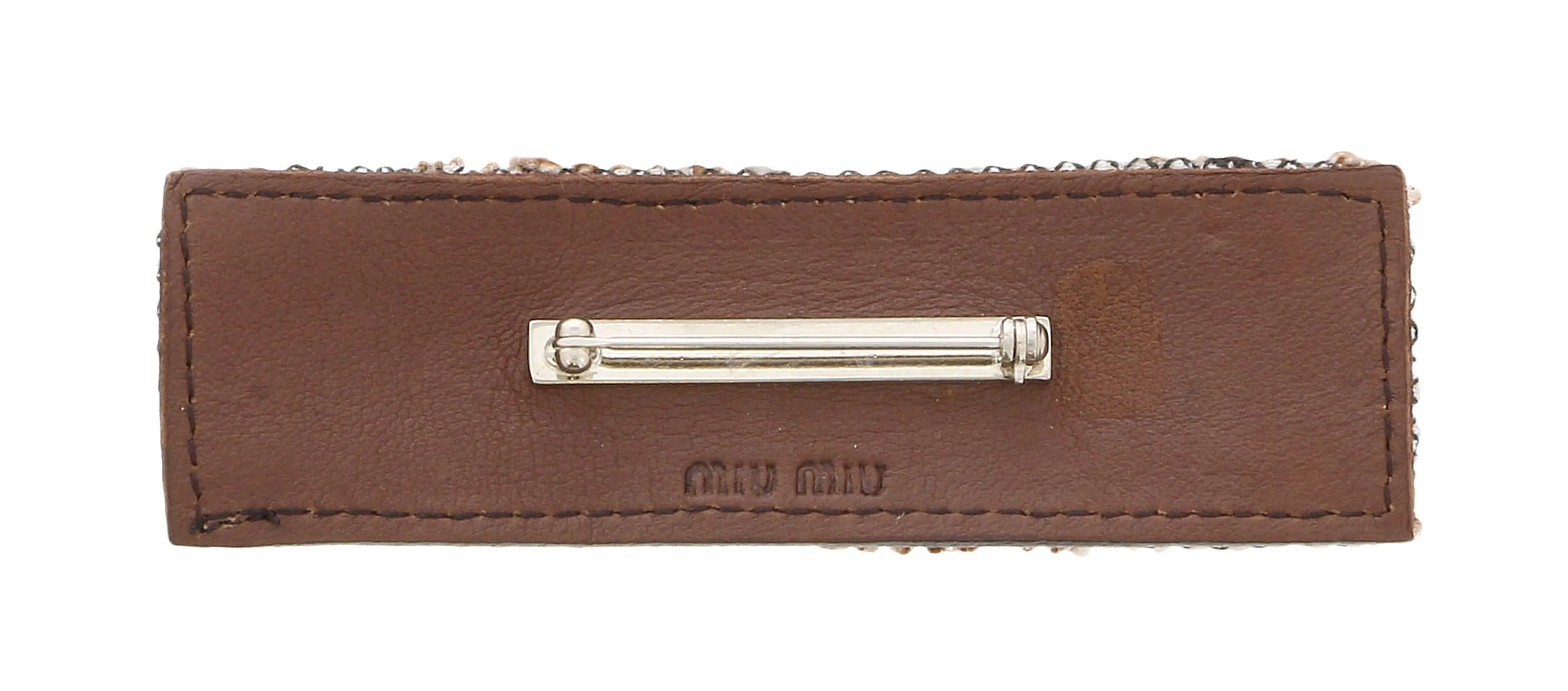 Miu Miu Brown White Fabric Beaded Brooch Pin-One Size