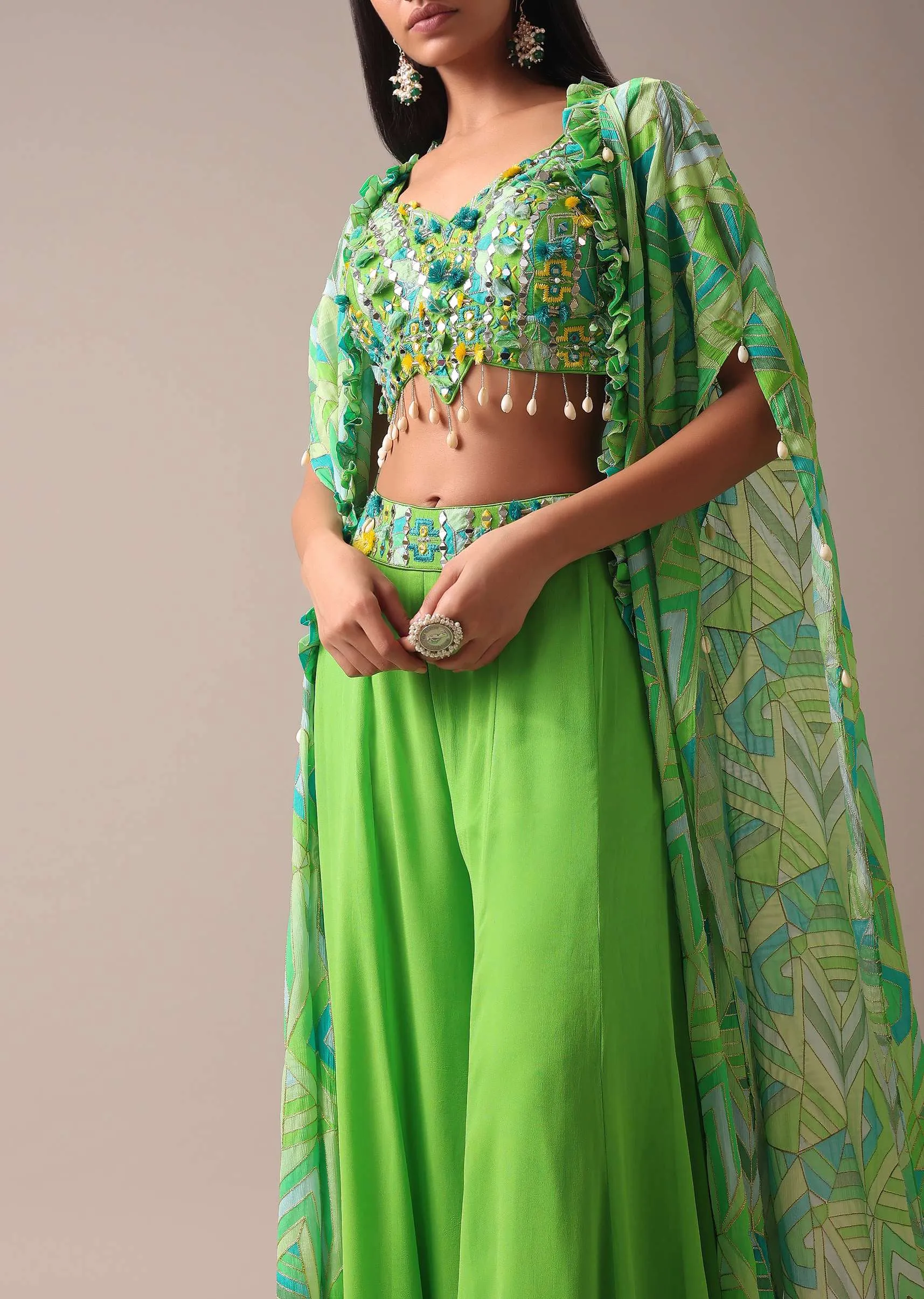 Parrot Green Quirky Printed Pallazo Set In Chinon