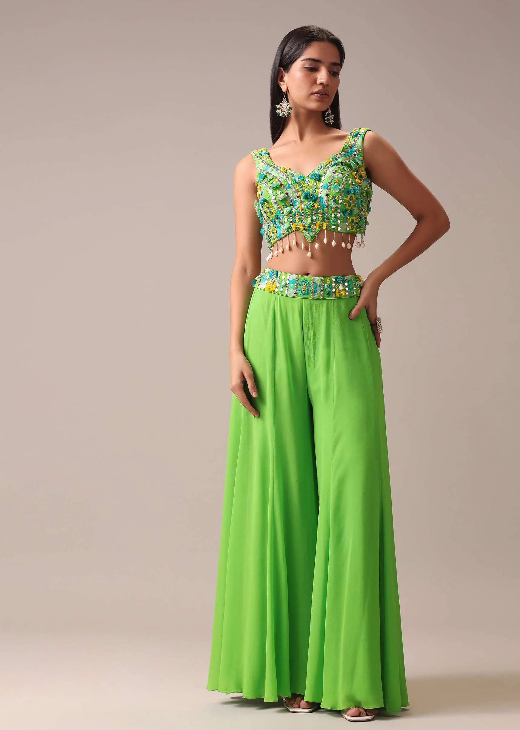 Parrot Green Quirky Printed Pallazo Set In Chinon