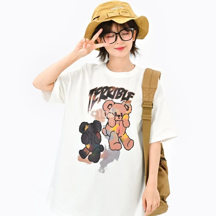 Soft Girl Style Black Loose Cartoon Bear T-shirt