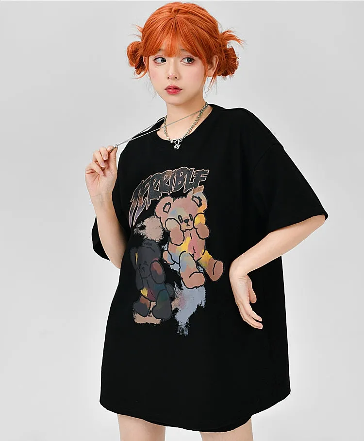 Soft Girl Style Black Loose Cartoon Bear T-shirt