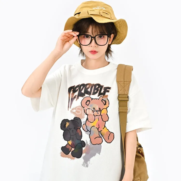 Soft Girl Style Black Loose Cartoon Bear T-shirt
