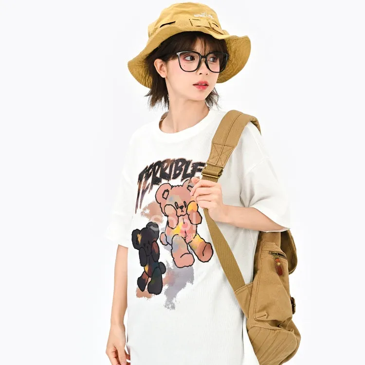 Soft Girl Style Black Loose Cartoon Bear T-shirt