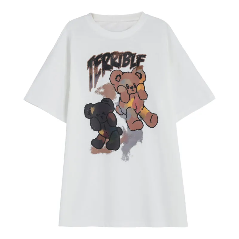 Soft Girl Style Black Loose Cartoon Bear T-shirt