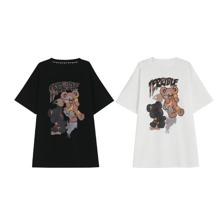 Soft Girl Style Black Loose Cartoon Bear T-shirt