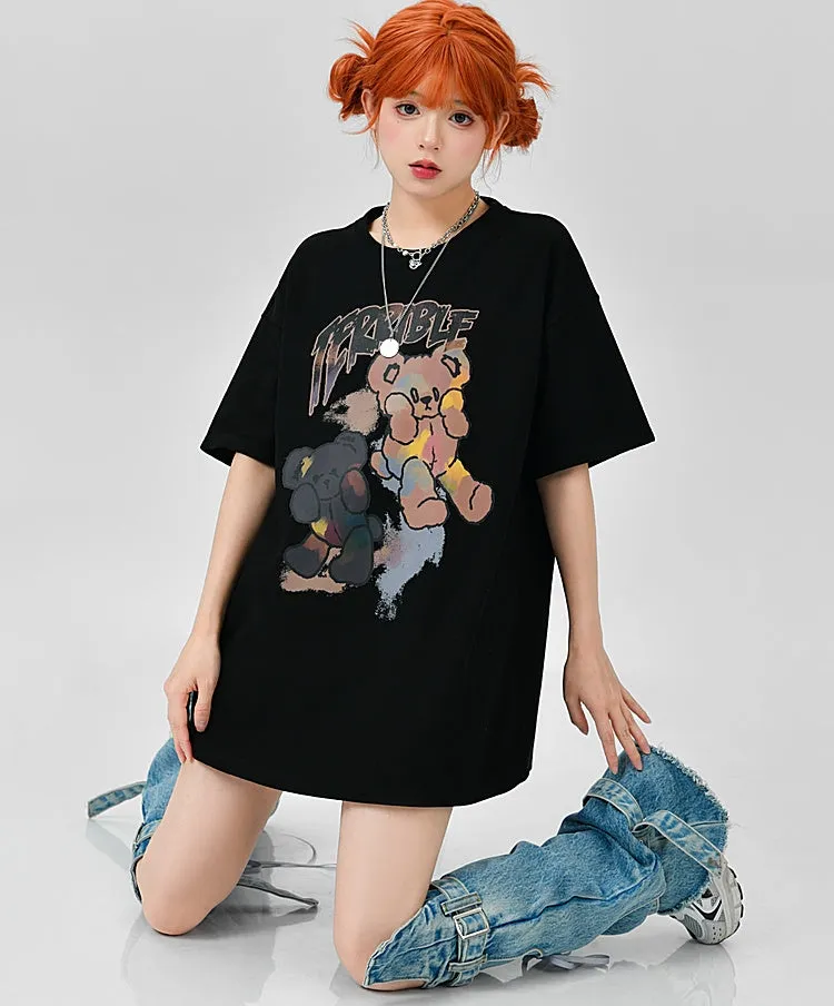 Soft Girl Style Black Loose Cartoon Bear T-shirt