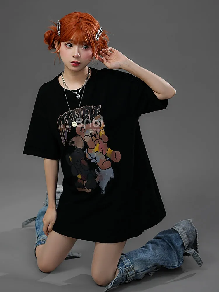 Soft Girl Style Black Loose Cartoon Bear T-shirt