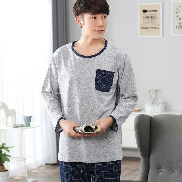 Tony&Candice Men's Cotton Pajamas Set Lounge Pure Casual Plaid Sleepwear Soft Nightgown Long Sleeve Nightshirt Pyjamas Autumn