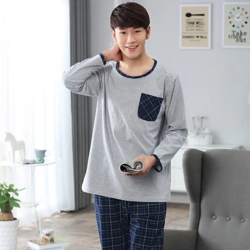 Tony&Candice Men's Cotton Pajamas Set Lounge Pure Casual Plaid Sleepwear Soft Nightgown Long Sleeve Nightshirt Pyjamas Autumn